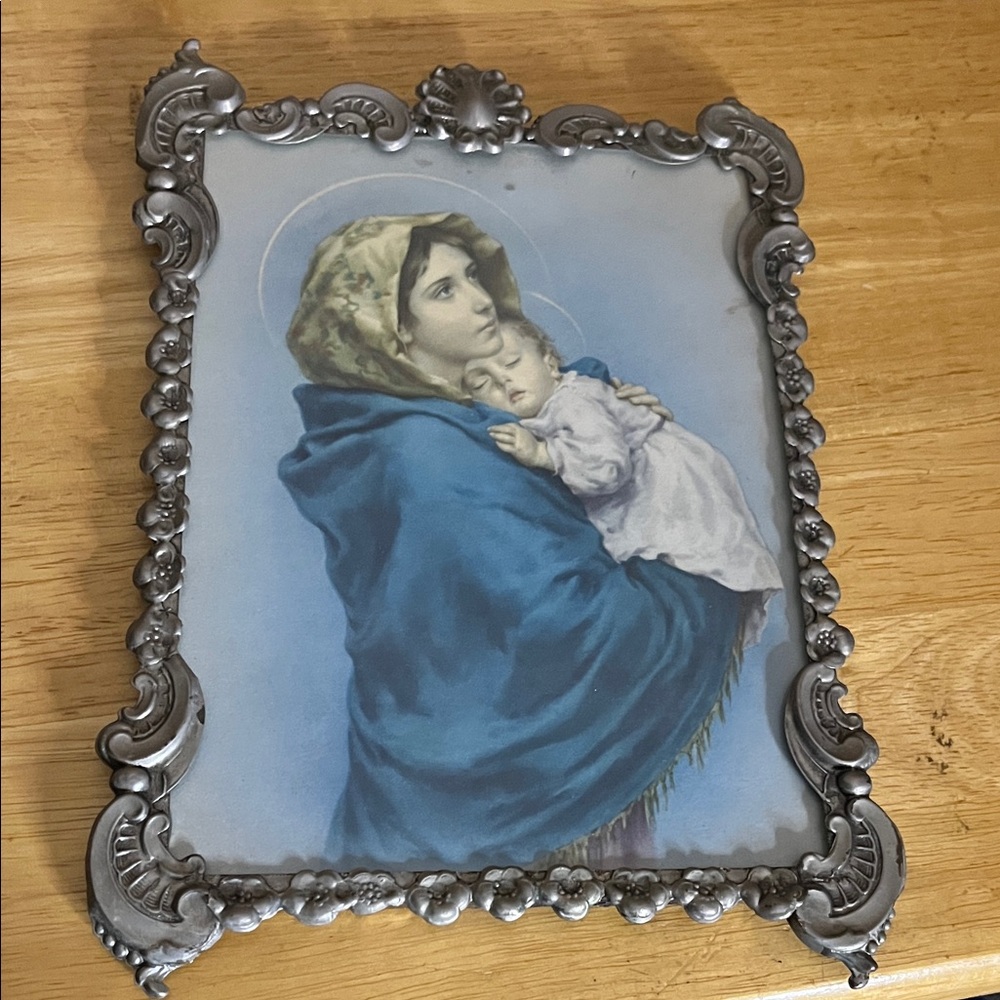 😄Religious mother and child Jesus ornate tin frame